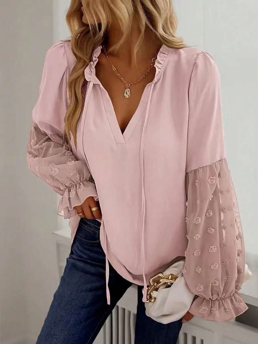 Plus Size Floral Patchwork Ruffle/Frill Hem Pleated Casual Blouse - Pink - View 1