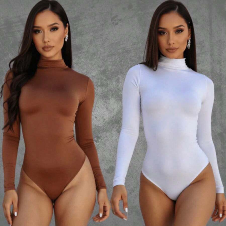 Women's Suplex Body Kit Long Sleeve High Neck Cacharrel Second Skin Premium Fashion Bory Bore - Bộ C 2 Bộ đồ liền thân màu nâu/trắng - Xem 1
