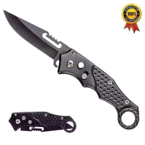 Canivete Automatico Saque Rapido Com Travar Clipe Aço Inox Preto Pesca Camping Trilha
