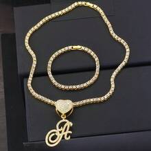 1 Set Women's Elegant Heart & Letter Pendant Necklace With Single Row Rhinestones, Matching Single Row Rhinestone Bracelet, Suitable For Daily Wear, Parties And Events, Versatile Jewelry Set - Fashionable Heart Letter Pendant Necklace - View 7