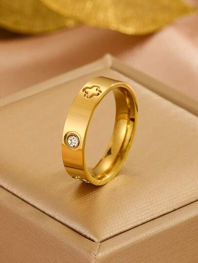 1pc Stainless Steel 18K Gold Plated Four-Leaf Clover Rings Elegant Hoop Jewelry For Kids Suitable For Daily Wear And Gift