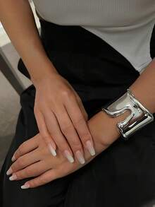 1pc Exaggerated Geometric Asymmetrical Curve Smooth Bangle, Liquid Wrinkle Texture Metal Wrinkle Bracelet, Personalized Versatile Alloy Cuff, Thick Bracelet For Women, Silver Wide Wrist Stacking Fashion, Statement Cuff Bracelet, Fashionable Jewelry Gift Accessory, Women Silver Bracelet, Accessory