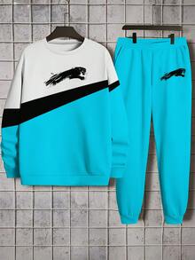 Conjunto de sudadera y pantalones de hombre con estampado de graffiti negro y parches, conjunto de sudadera minimalista personalizada de cuello redondo, adecuado para correr al aire libre, ejercicio, entretenimiento, cena, versátil sudadera de cuello redondo para hombre