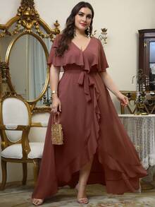 UNITHORSE 大码 V 领荷叶边雪纺伴娘礼服 - 紅木色 - 查看 6