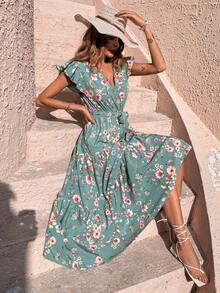 Vestido de mujer Largo Casual con estampado floral, Cintura con Cordón, Mangas Mariposa - Verde - Ver 5