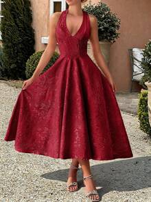 Unadoll Women's Winter Sexy Bareback Hanging Neck Collar Strap 3D Jacquard Fabric Elegant Dress, Suitable For Dinner, Date, School Start, Cocktail Party, Wedding Event, Christmas, Thanksgiving