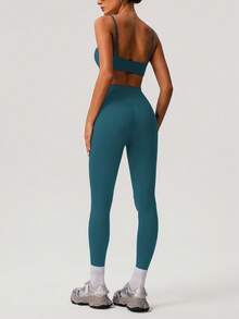 Women's Solid Color Thick Sports Bra & Yoga Leggings 2 Pieces Set, Minimalist Design For Fitness Training Summer - 寶藍色 - 查看 3