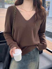 Suéter versátil de cuello en V sencillo para mujer, apto para otoño/invierno
