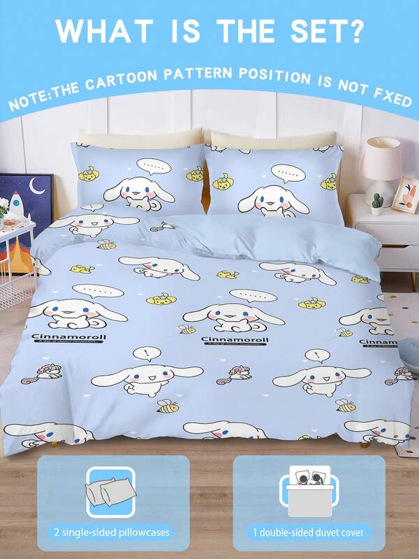 Sanrio 3 PIEZAS Juego de ropa de cama azul claro Cinnamoroll AB de doble cara (1 funda de edredón + 2 fundas de almohada de una sola cara) (sin relleno) Funda de edredón estampada con dibujos animados lindos Juego de ropa de cama tamaño queen Adecuado para regalar, decorar habitaciones infantiles, dormitorios de niños y niñas, y también se puede usar en dormitorios estudiantiles