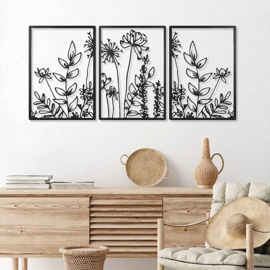 3-Piece Botanical Wall Art Metal Set, Aesthetic Plant Themed Wall Decor For Living Room, Bedroom, Office | Easy To Hang, Modern Minimalist Home Decor, Housewarming Gift For Women, Nature Inspired Art - 彩色 - 查看 1