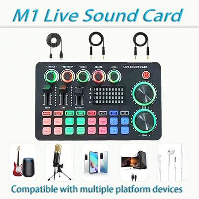 1pc Professional Live Streaming Sound Card M1, Compatible With Multiple Platforms And Devices, Supports 6.35mm And 3.5mm Microphone Inputs, Suitable For Mobile Live Streaming, On-Site Live Streaming, Computer Live Streaming, Gaming Live Streaming, Musical Instrument Mixer, High-Quality Mixer Sound Card With DJ Mixing Effects, Customizable Voice Changer For Live Streaming, Live Streaming Mixer Sound Card, Live Streaming Sound Card For Multimedia, Various Special Effect Environments, Colorful Voice Changer Sound Card