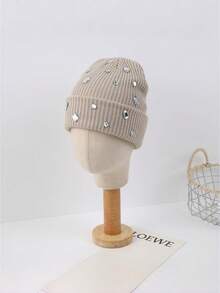 1pc Fashion Versatile Rhinestone Embellished Beanie, Punk Style Knit Hat With Diamonds, Warm Couple Cap Suitable For Daily, Home, Outdoor, Cycling, Fishing, Autumn/Winter - Multicolor - View 2