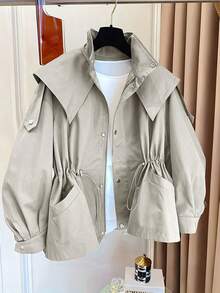 1pc Solid Color Woven Fabric Drawstring Pocket Front Button Trench Coat, Casual Spring/Autumn - Beige - View 3