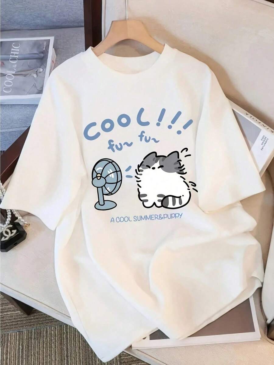 Unisex camiseta estilo divertido diseño creativo impresión gato y ventilador tela suave ajuste holgado cuello redondo manga corta primavera verano uso diario T-shirt - Blanco - Ver 1