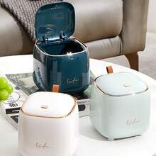 Stylish Mini Trash Can With Lid, White & Rose Gold Desktop Garbage Bin, Compact Wastebasket For Home Office, Bedroom, Living Room, Press-Type Lid Design, Elegant "Life" Lettering & Leather Handle, Space-Saving Small Trash Bin