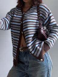 קרדיגן קז'ואל לנשים עם גזרה מנוגדת של פסים, מצולע וכפתורים מלפנים, סתיו/חורף