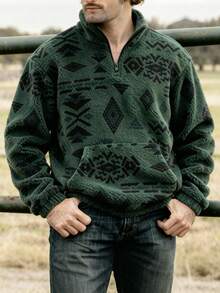 经典休闲男士毛绒套头衫，印花，立领，长袖，适合日常休闲、通勤、街头时尚，温暖的冬季新款 - 軍綠色 - 查看 1
