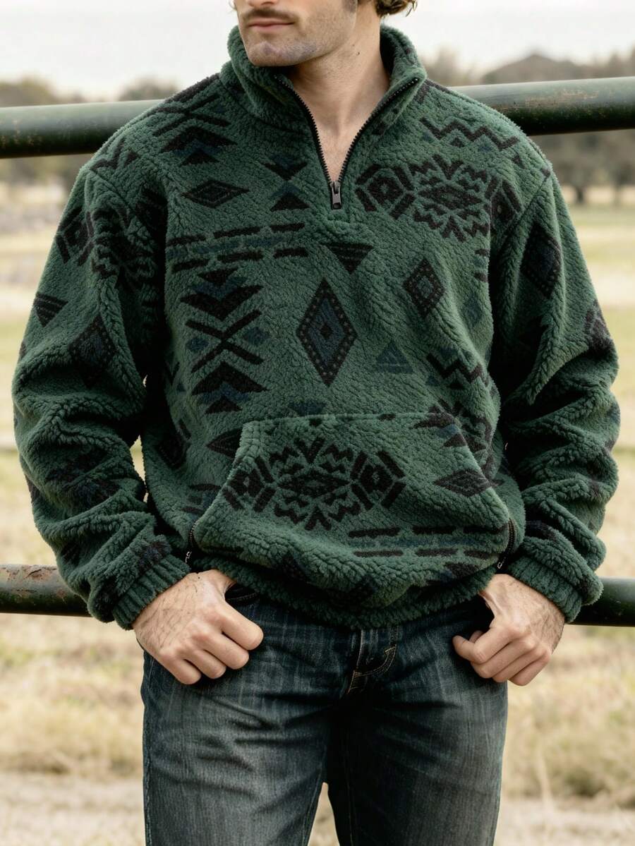 经典休闲男士毛绒套头衫，印花，立领，长袖，适合日常休闲、通勤、街头时尚，温暖的冬季新款 - 軍綠色 - 查看 1