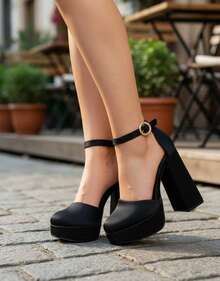 Zapatillas altas para mujer, tacón alto ancho, cerradas, con correa tobillo, punta redonda, para eventos, fiestas, bodas, cómodas, hebilla redonda. Primavera-Verano - Negro - Ver 6