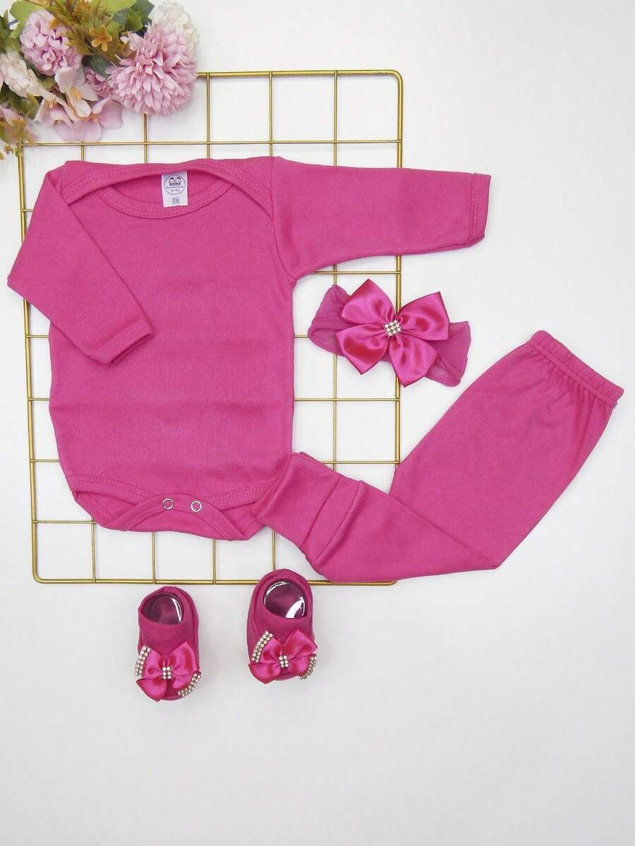 4 Piece Set Long Sleeve Bodysuit With Booties, Hairband And Ribbed Knit Pants / Baby Girl Set With Booties And Hair Bow Pink - 玫紅色 - 查看 1