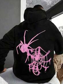 Unisex Hoodie With Adjustable Drawstring - With Pink Spider And Web Print, Long Sleeve, Pocket, Casual Wear For Adults | Hoodies Men | Hoodies Women | Halloween Costumes,Fall Hoodies,Men's Fall Clothes,Street Wear,Halloween,Mens Hoodies,Y2k Clothes,Jesus Hoodie,Thanksgiving Day,Nightmare Before Christmas,Christmas - 黑色 - 查看 1