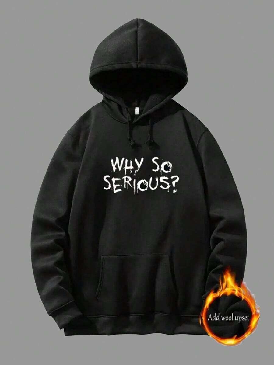 "WHY SO SERIOUS" Printed Men's Graphic Hoodie - Comfortable Casual Pullover With Eye-Catching Design, Hooded Sweatshirt For Fall/Winter, Complete With Handy Pocket - A Perfect Gift Choice For Thanksgiving And Christmas Day,Fall Hoodies,Men's Fall Clothes,Street Wear,Halloween,Mens Hoodies,Y2k Clothes,Jesus Hoodie,Thanksgiving Day,Nightmare Before Christmas,Christmas - Black - View 1