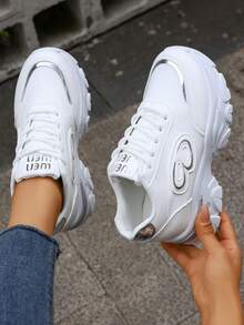 Plus Size Women's 35-42 Spring/Autumn New Chunky Sneakers, Mesh Breathable Platform High-Top Casual Shoes, Lightweight Versatile Fashion Sneakers, Lace-Up, White, Gold, Silver, Green, Casual Running Shoes