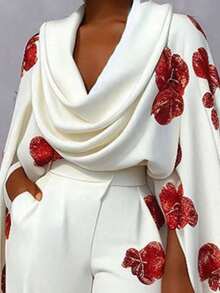 Women's New Product Printed Stacking Collar Long Sleeve Two-Piece Trousers Set - trắng - Xem 2