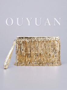 女士黑色亮片流苏手拿包、闪亮流苏晚装包、精致时尚的女士翻盖钱包，适合派对、约会、婚礼、礼物和购物。 - 彩色 - 查看 15