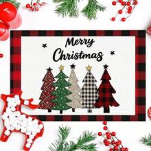 1/25pcs Christmas Red, White & Black Plaid Bordered, Decorative Christmas Tree With Star Print Linen Table Runner, Suitable For Holiday Parties, Birthday Dinners, Kitchen & Dining Room Decor, Furniture & Home Textile Decoration. It Is A Multi-Purpose Home Decor Item Applicable For Various Seasons, Perfect For Party And Holiday Decorations, As Well As A Great Gift For Parents And Friends. - Multicolor - View 4