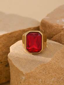 1pc Stainless Steel 18K Gold Plated Inlaid Large Rectangular Cubic Zirconia Engraved Business Style Men's Rings Gift Jewelry