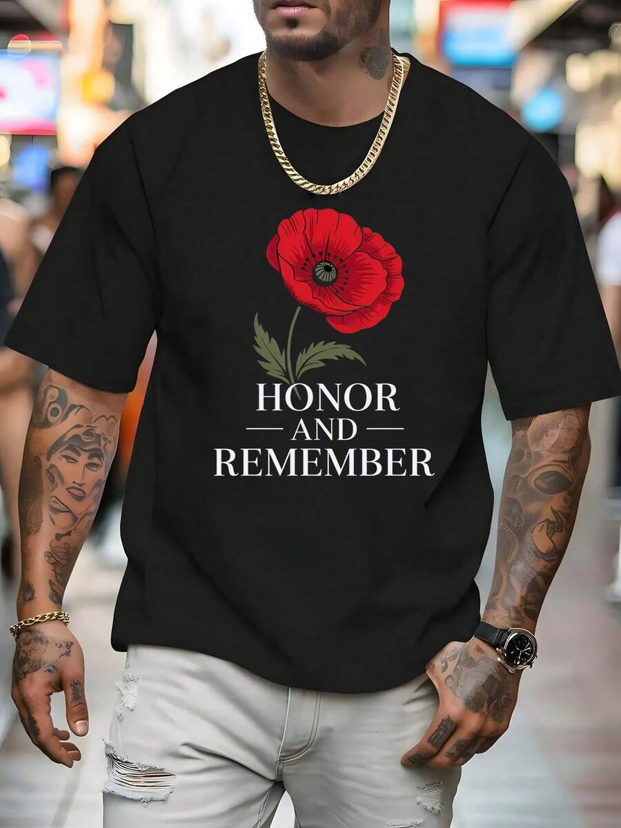 Camiseta para Hombre Negra de Algodón 100% Estampado Amapola "Honor and Remember", 180g, Respetuosa y Confortable, Perfecta para Recordar y Honrar, para Hombres Patriotas y Sensibles,playera de hombre,camisas de hombre,halloween,disfraz halloween hombre,playeras,ropa de hombre,camisas,halloween hombre,kpop demon hunter,regalos para tu novio,old money hombre,sudaderas,blusas mexicanas de septiembre. - Negro - Ver 1
