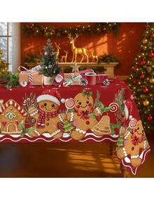 1 Buah Taplak Meja Natal Meriah dengan Motif Manusia Kue Jahe, Kepingan Salju, dan Pita - Poliester Merah, Cocok untuk Dapur, Ruang Makan, Taman, dan Pesta Liburan, Dekorasi Meja Natal, Perlengkapan Dekorasi Natal - MultiWarna - View 3