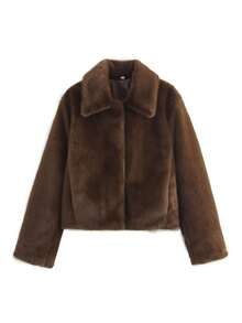 2025冬季女士复古仿皮草短款棕色皮草外套，时尚翻领，精致羊毛口袋，保暖外套，女士街头服饰 - 棕色 - 查看 9