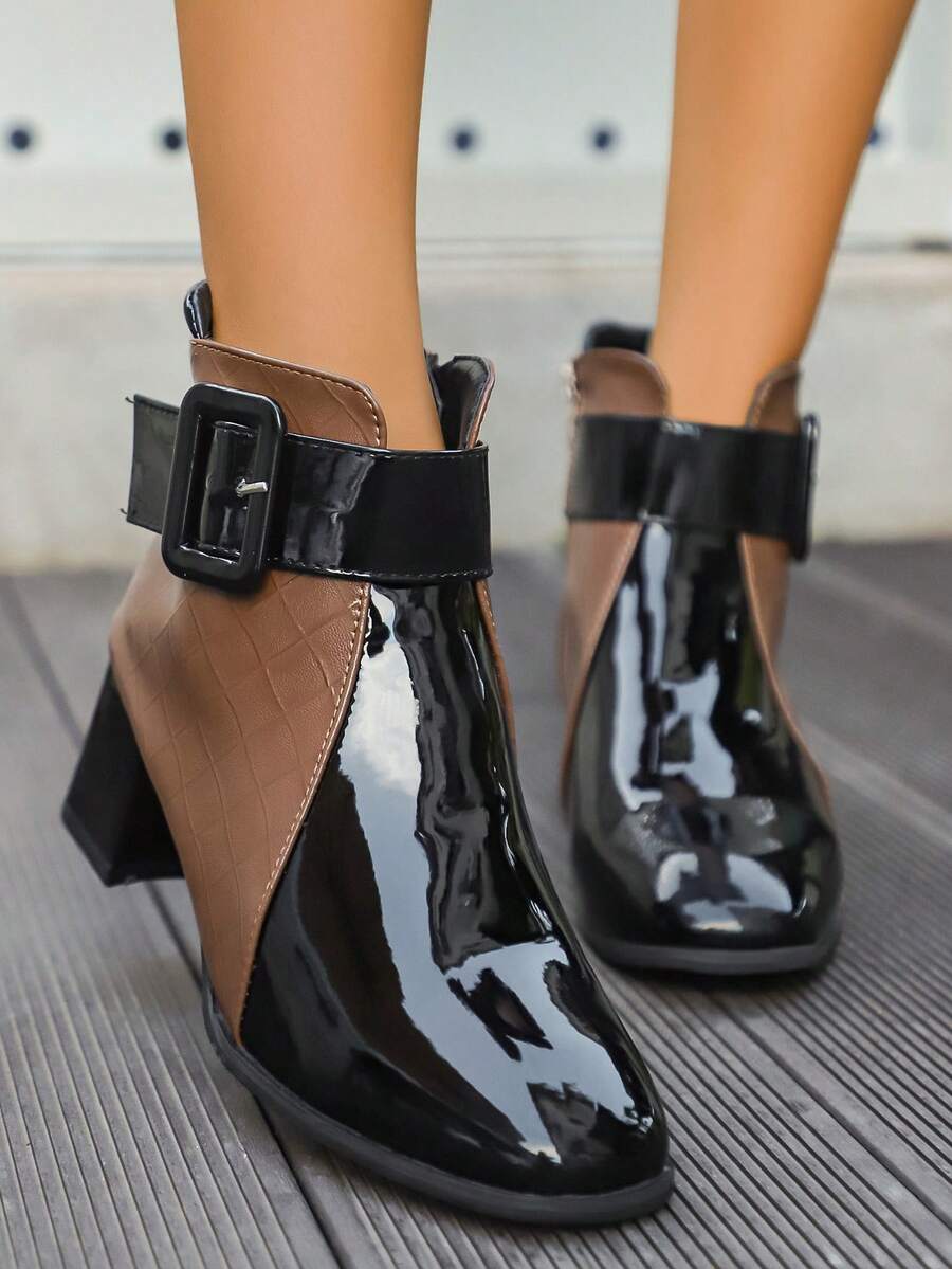 Women's Ankle Boots, Women's Short Boots, Pointed Toe, Thick Heels, Glossy Surface, Zipper On The Side Of The Shoe, Black And Brown, Simple Design, Gorgeous And Comfortable, High-End Texture, Suitable For Daily Commuting. - 棕色 - 查看 1