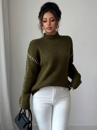 Fashionable Casual Color Block Stand Collar Long Sleeve Women Sweater