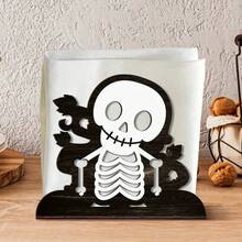 Suporte de Papel Toalha com Padrão de Esqueleto. Material de Madeira, Adequado para Colocação na Mesa Festiva de Casa.