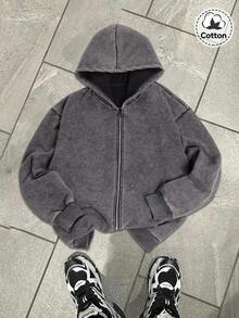 秋冬“It Is What It Is”图案男士连帽运动衫上衣，略带弹性修身洗水做旧棉质抓绒灰色长袖开衫拉链运动衫，户外日常休闲开学季夹克 - 灰色 - 查看 3