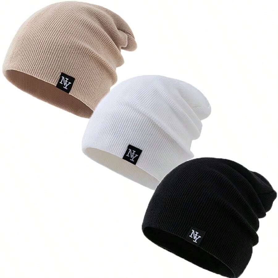 3 عبوات قبعة بيني مزينة بشعار NY، قبعات شتوية أكريليك مطوية للجنسين، قبعات بيني متدلية، قبعات محبوكة للخارج للرجال في فصل الشتاء