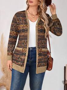 Bohemian Retro Print V-Neck Cardigan, Comfortable Stretchy Knit, Casual Plus Size Women Knitted Cardigan, Spring/Autumn