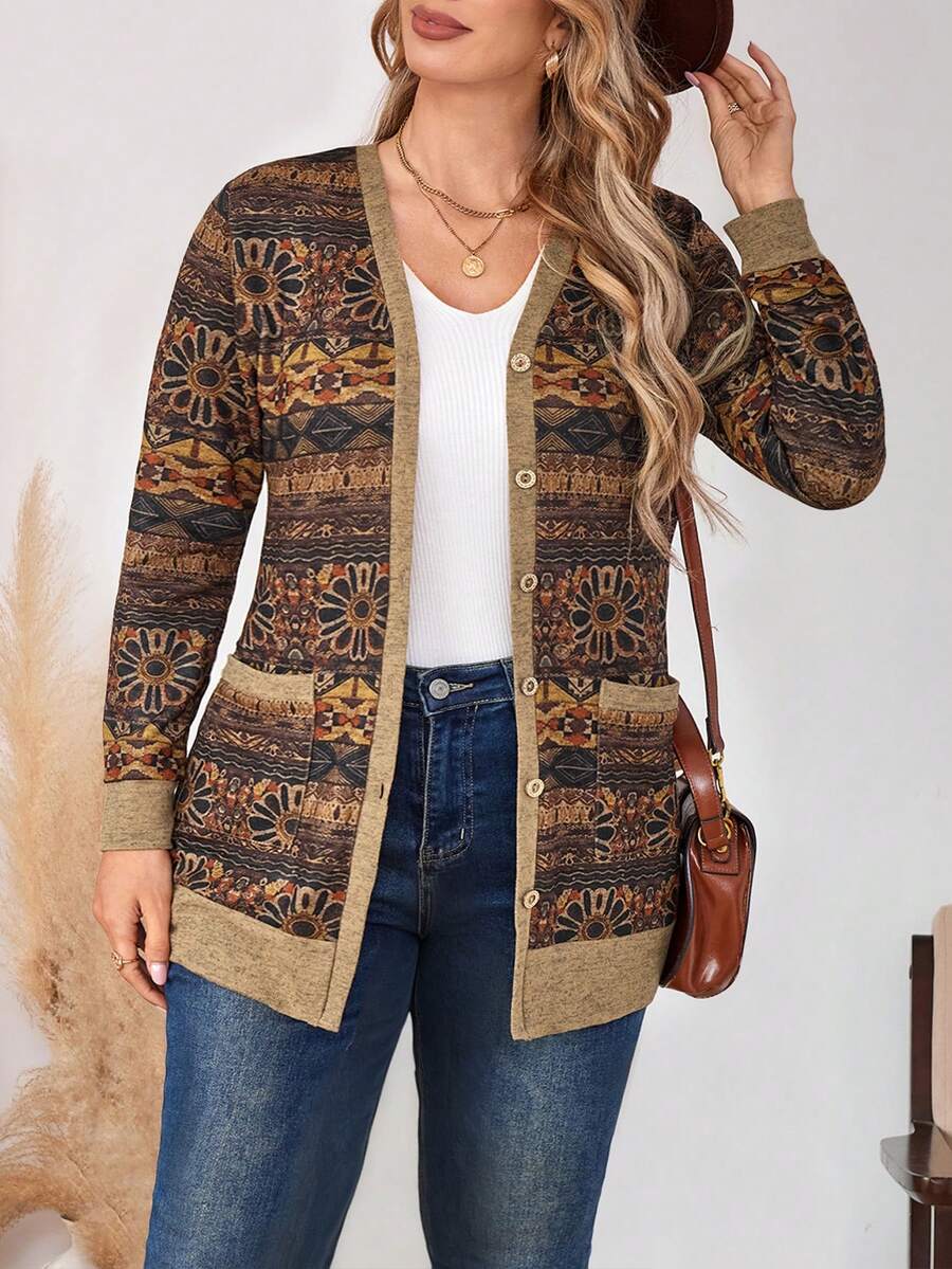 Bohemian Retro Print V-Neck Cardigan, Comfortable Stretchy Knit, Casual Plus Size Women Knitted Cardigan, Spring/Autumn