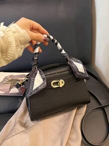 Túi xách nữ thời trang hiện đại với khóa kim loại trang trí, cao cấp, khăn lụa trang trí, túi đeo vai màu trơn mới, dây đeo điều chỉnh được, thích hợp cho mùa thu/đông. - màu đen - Xem 7