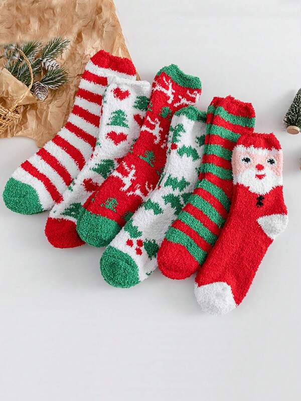1/6 pares de calcetines esponjosos con temática navideña para mujeres, con patrones de Papá Noel, renos y árboles de Navidad, calcetines de felpa gruesos y cálidos, cómodos, regalos de fiesta festiva, calcetines acogedores para mujeres