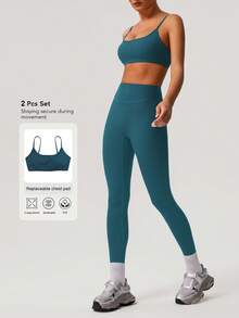 Women's Solid Color Thick Sports Bra & Yoga Leggings 2 Pieces Set, Minimalist Design For Fitness Training Summer - 寶藍色 - 查看 2