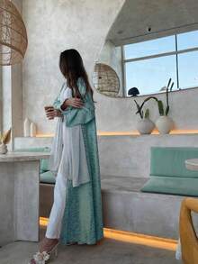 1 件优雅休闲印花袖口柔软面料 Abaya 开衫长袍披肩，适合日常穿着和聚会 - 綠色 - 查看 4