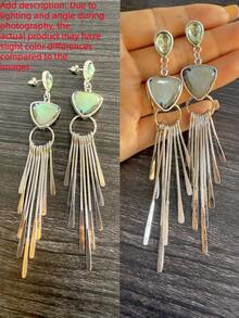 1 Pair Bohemian Style Long Tassel Triangle Resin Inlaid Water Drop Synthetic Gemstone Alloy Dangle Earrings - Silver - View 6
