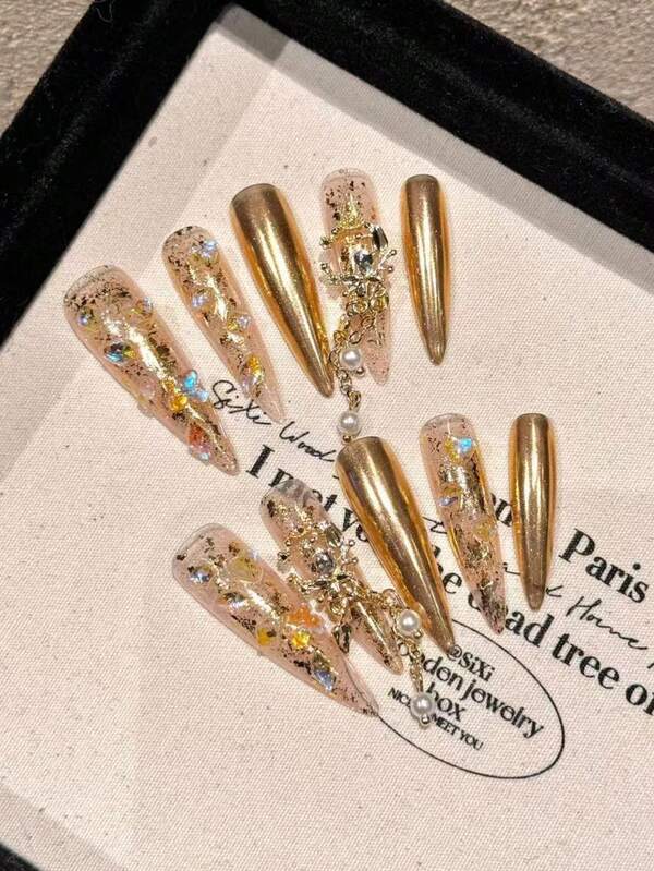 10pcs High-End Golden Rococo Palace Luxurious Three-Dimensional Relief Angel Handmade Fake Nails, Nail Patches Suitable For Elegant Girls To Attend Important Occasions, Christmas And Halloween Events