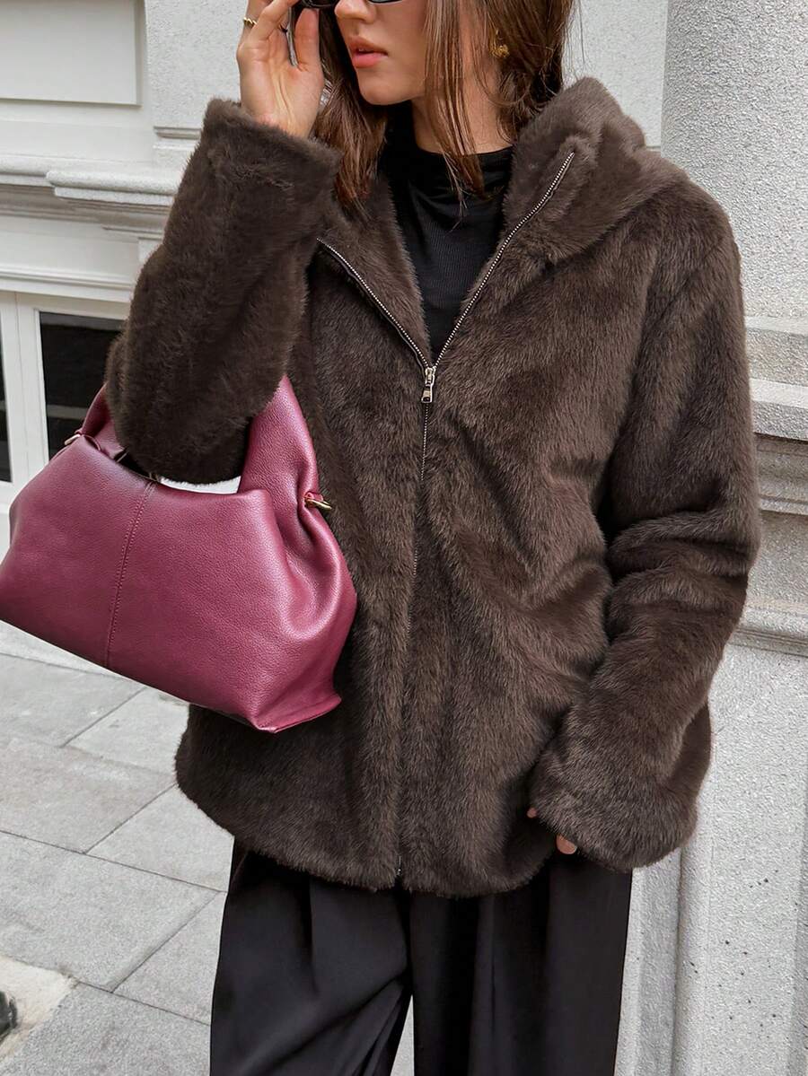 Vaiaye Women's Autumn/Winter New Christmas Edition Mid-Length Fashion Faux-Fur Coat With Thick Plush Collar & Lining – Fluffy Warm Outerwear - Brown - View 1