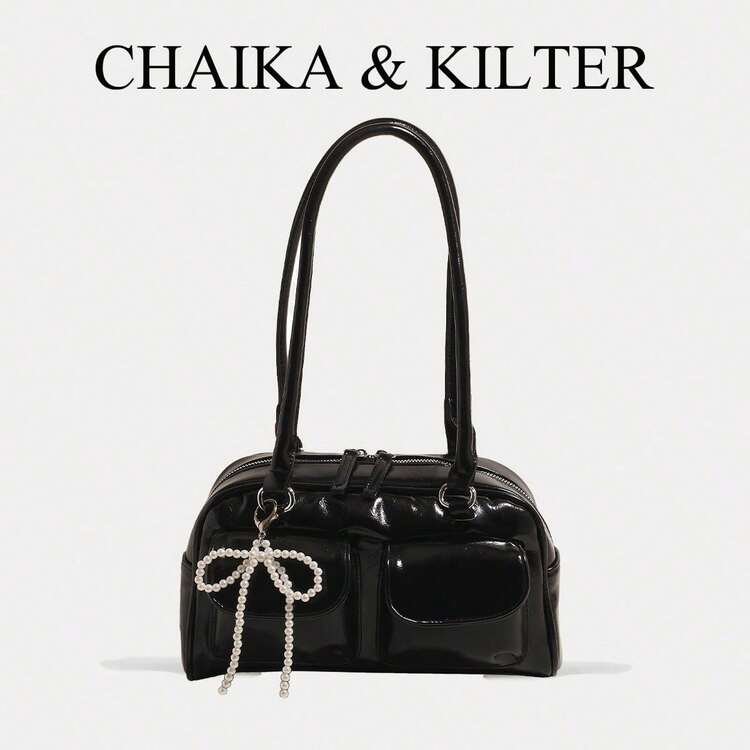 1pc CHAIKA & KILTER Solid Color Glossy PU Leather Shoulder Bag, Women's Fashion Multi-Pocket Large Capacity Boston Bowling Bag, Zipper Closure, Suitable For Daily And Outdoor Use (Sold With Pendant) - Black - View 8