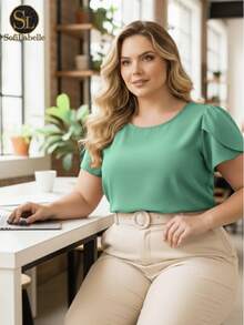 Women's Plus Size Blouse, Short Sleeve, Elegant – Plain Duna Fabric, Social GG, G1, G2, G3, Summer, Work - 薄荷綠 - 查看 7